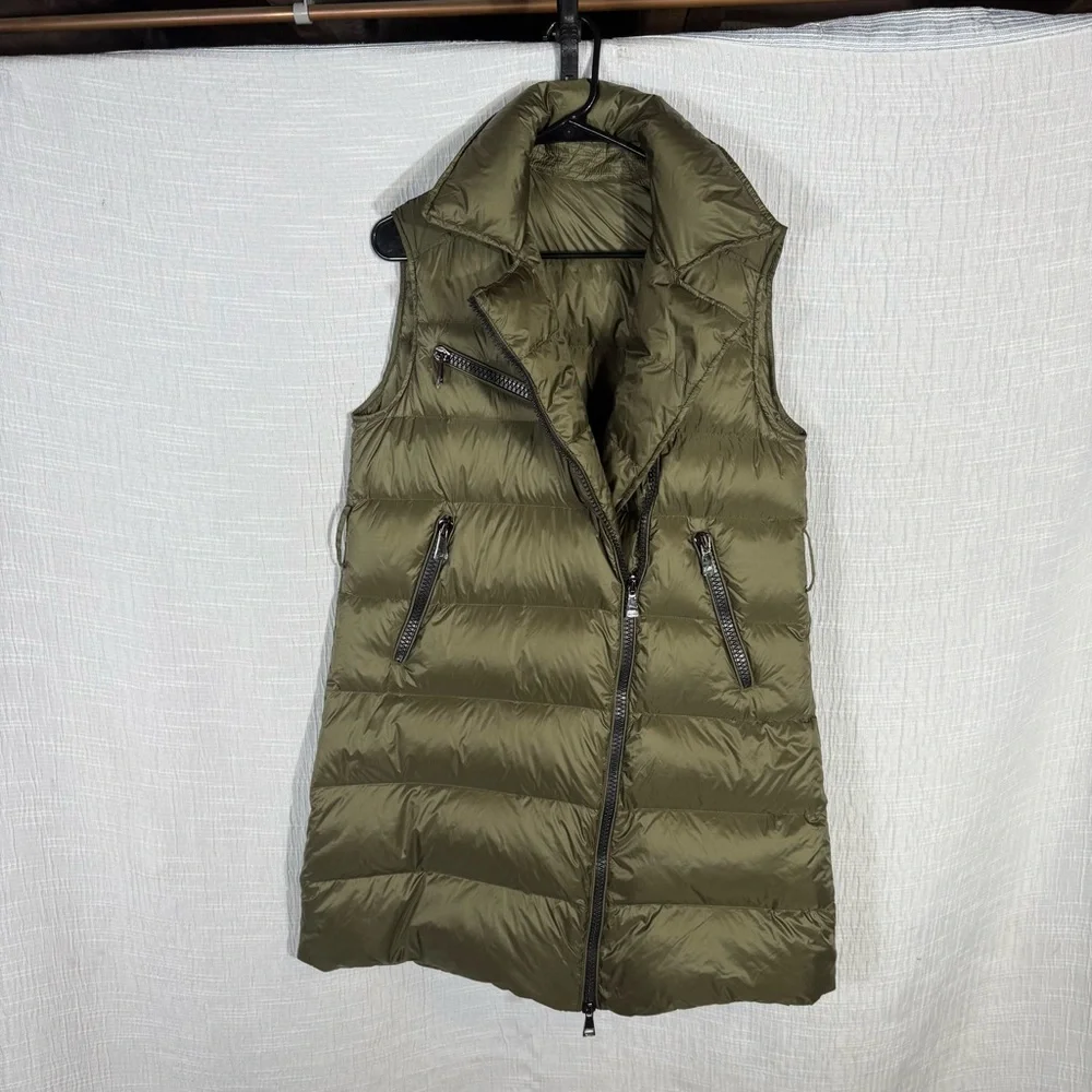 Olive Green Down-Filled Long Puffer Vest Size 2 |‎ Asymmetrical Zip Quilted Vest - Picture 3 of 15